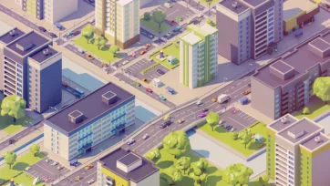 Eastern Europe city intersection with traffic, residential buildings, green areas and urban infrastructure in 3D low poly style