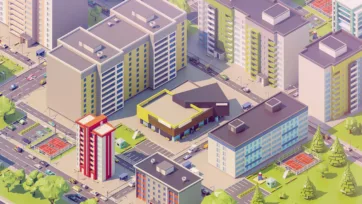 Eastern Europe shopping center surrounded by residential buildings, parking areas and green spaces in isometric 3D low poly view