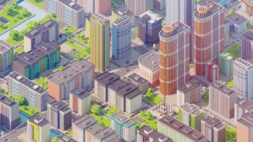 Eastern European residential complex with distinctive cylindrical towers, apartment buildings and urban landscape in 3D low poly style