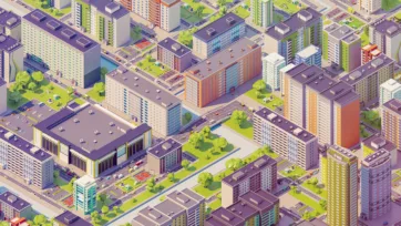 Eastern Europe city center featuring large shopping mall, residential towers, parks and urban plaza in isometric 3D low poly design