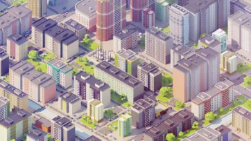 Eastern European residential district with multi-story apartment blocks, office buildings and urban infrastructure in low poly 3D style