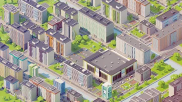 Eastern Europe city 3D low poly isometric urban scene with colorful apartment buildings, shopping mall, residential towers and green spaces