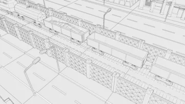 Industrial city 3D low poly wireframe view of railway infrastructure with bridges, tracks and transportation systems