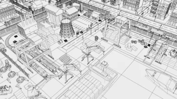 Industrial city 3D low poly wireframe view showing industrial complex with port facilities and building structures