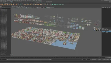 Industrial city 3D low poly complete pack shown in Maya software with full industrial city scene and asset library