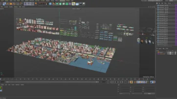 Industrial city 3D low poly asset collection displayed in Cinema 4D software with complete city layout and elements