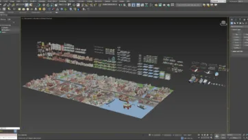 Industrial city 3D low poly complete asset pack shown in 3ds Max software with full city scene and components