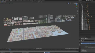 Industrial city 3D low poly complete asset collection displayed in Blender software with organized building components