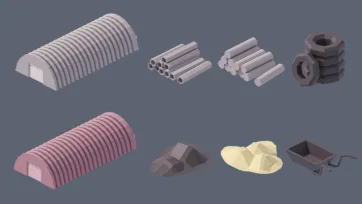 Industrial city 3D low poly construction materials collection with corrugated sheets, pipes, tubes and industrial building supplies