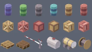 Industrial city 3D low poly barrels and containers collection with storage drums, wooden pallets and industrial cargo items
