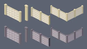 Industrial city 3D low poly walls and fencing collection with concrete barriers and chain-link fence sections