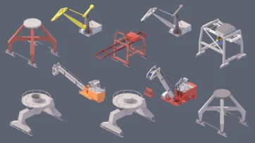 Industrial city 3D low poly construction cranes and heavy machinery collection with tower cranes and industrial equipment