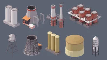 Industrial city 3D low poly storage tanks and industrial structures collection with silos, cooling towers and processing facilities