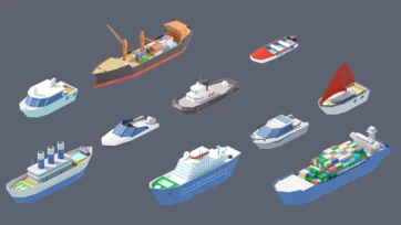 Industrial city 3D low poly boats and ships collection featuring cargo vessel, cruise ship, sailboat and container ship