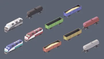 Industrial city 3D low poly trains and locomotives collection with passenger trains, cargo cars and tank wagons