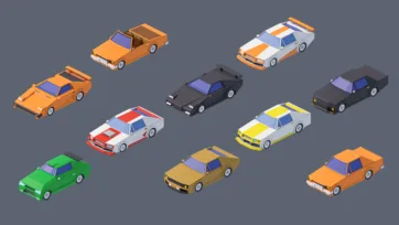 Industrial city 3D low poly sports cars and performance vehicles collection with muscle cars and racing stripes