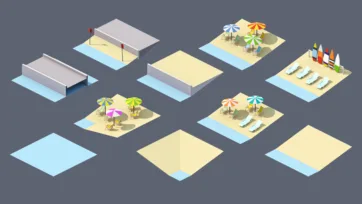 Industrial city 3D low poly beach and waterfront collection with sand areas, beach umbrellas, surfboards and coastal elements