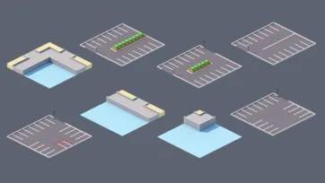 Industrial city 3D low poly harbor areas and parking lots with loading docks, vehicle spaces and waterfront facilities