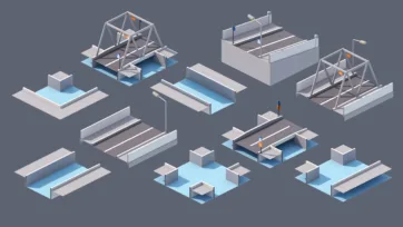 Industrial city 3D low poly water bridges and infrastructure with drawbridges, piers and waterway navigation elements