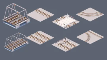 Industrial city 3D low poly railway tracks and train infrastructure with bridges, crossings and track sections