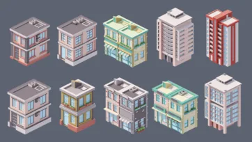 Industrial city 3D low poly apartment towers and residential buildings collection with various architectural styles