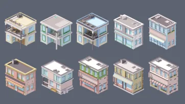 Industrial city 3D low poly residential and commercial buildings with rooftop details, balconies and storefronts