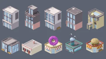 Industrial city 3D low poly modern buildings collection with office structures, donut shop, beverage store and burger restaurant