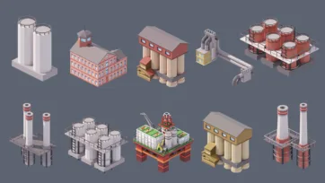 Industrial city 3D low poly industrial structures including storage tanks, silos, offshore platform and factory buildings