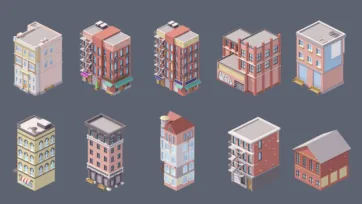 Industrial city 3D low poly urban buildings collection featuring apartments, commercial stores and fire escape structures