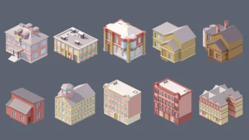Industrial city 3D low poly mixed buildings collection with residential houses, commercial structures and small warehouses