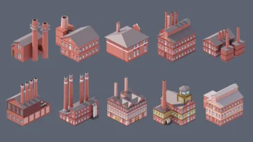 Industrial city 3D low poly factory buildings collection featuring brick industrial structures with chimneys and smokestacks