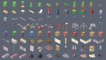 Industrial city 3D low poly complete city overview with residential areas, industrial port, factories and waterfront