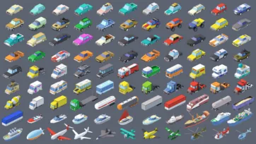 Industrial city 3D low poly urban residential area featuring apartment towers, commercial buildings and green spaces