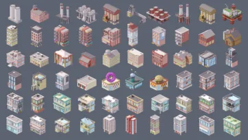 Industrial city 3D low poly power plant area with cooling towers, railway bridge and industrial infrastructure