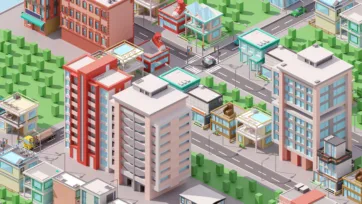 Industrial city 3D low poly shipping dock with container ship, port cranes and cargo handling facilities