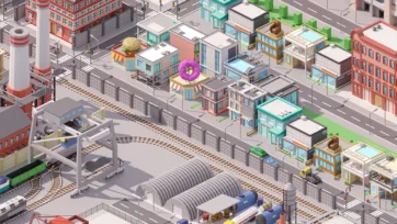 Industrial city 3D low poly container terminal with cargo cranes, storage areas and transportation infrastructure
