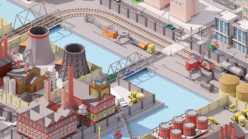 Industrial city 3D low poly factory complex with industrial buildings, cargo loading area and shipping facilities