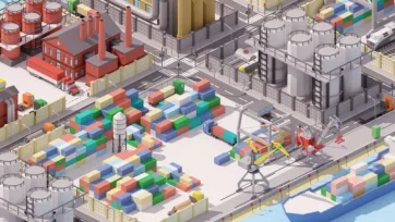Industrial city 3D low poly mixed development area with residential buildings, commercial structures and transportation