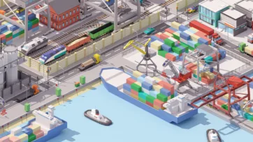 Industrial city 3D low poly commercial district featuring office buildings, residential towers and urban infrastructure
