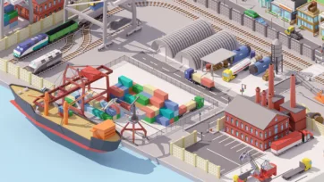 Industrial city 3D low poly urban industrial area with factories, residential buildings, railway and green spaces
