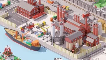Industrial city 3D low poly mixed district combining residential buildings, factories and commercial structures