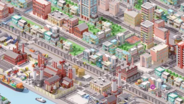 Industrial city 3D low poly manufacturing complex with factories, industrial buildings, storage facilities and infrastructure