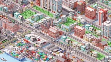 Industrial city 3D low poly heavy industry complex with cooling towers, factories, storage tanks and railway system