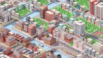 Industrial city 3D low poly offshore platform scene with oil rigs, cargo ships and port infrastructure