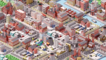Industrial city 3D low poly waterfront industrial area with factories, bridges, cargo containers and port facilities