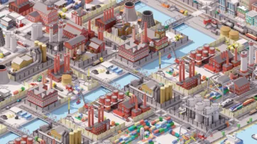 Industrial city 3D low poly manufacturing district with factories, storage tanks, railway and industrial buildings