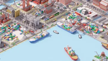 Industrial city 3D low poly port and harbor scene with cargo ships, cranes, factories and waterfront infrastructure