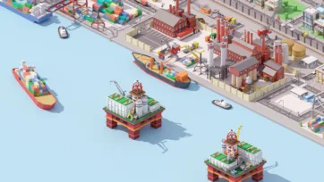 Industrial city 3D low poly props and objects pack featuring containers, barrels, construction equipment and urban furniture