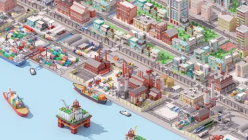 Industrial city 3D low poly buildings collection featuring factories, residential buildings, commercial structures and industrial facilities