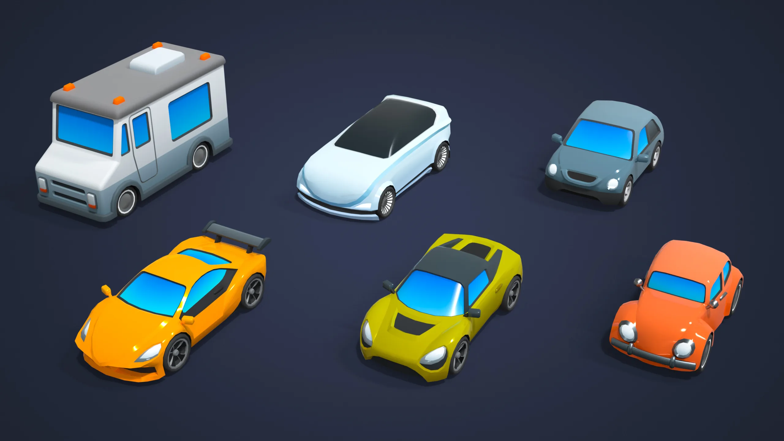 Vehicle collection from Cartoon City Free 3D pack featuring sports cars, sedan, van and classic car models in colorful low poly cartoon style for game development